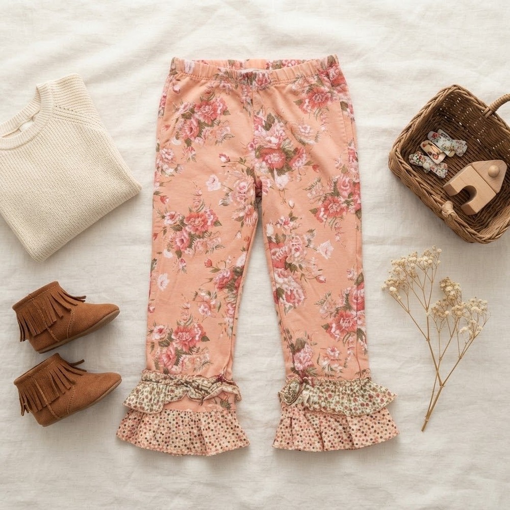 Free Planet Girls Floral Ruffle Hem Pants Peach Pink Rose Print Size 4 Boho